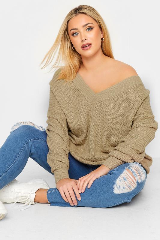 YOURS Plus Size Beige Brown Double V-Neck Jumper | Yours Clothing 1