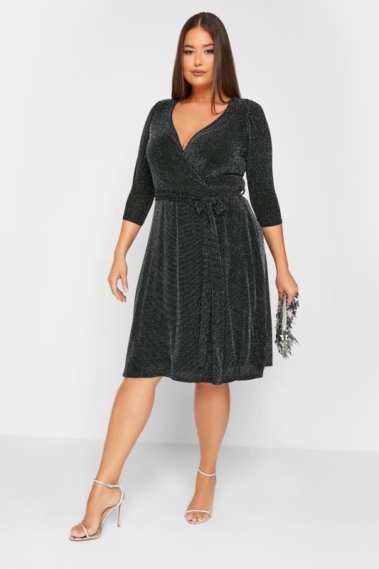 YOURS LONDON Curve Black Glitter Wrap Dress | Yours Clothing 2