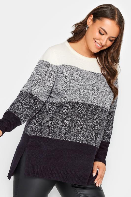YOURS Plus Size Grey Colourblock Stripe Knitted Jumper | Yours Clothing 1