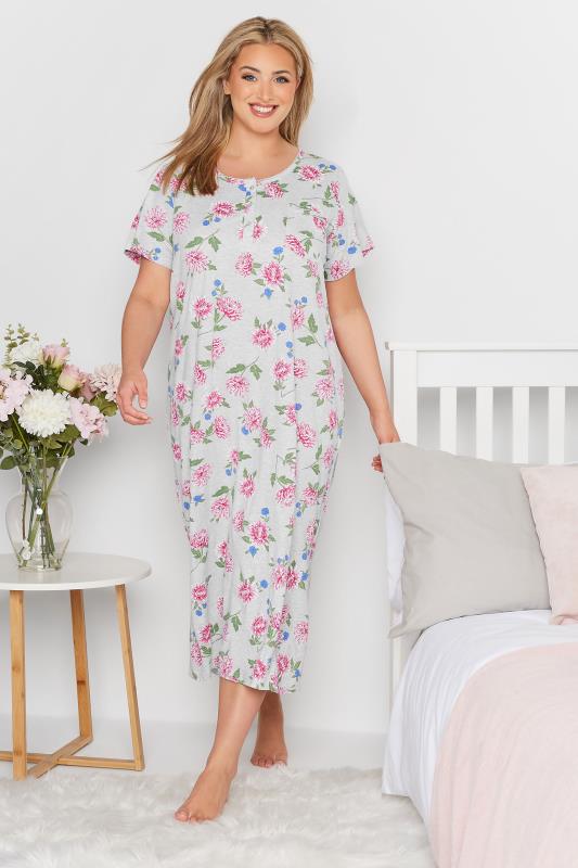  Grande Taille Curve Grey Floral Print Placket Nightdress