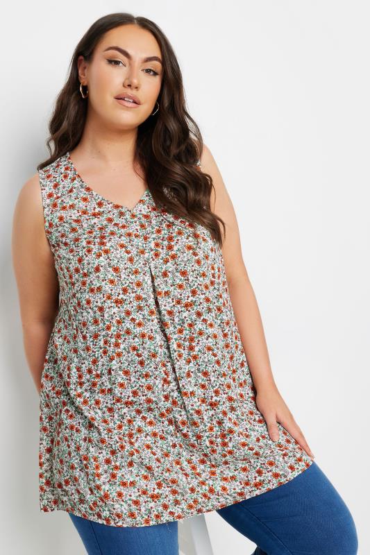 YOURS Plus Size Orange Floral Print Pleated Vest Top | Yours Clothing 1