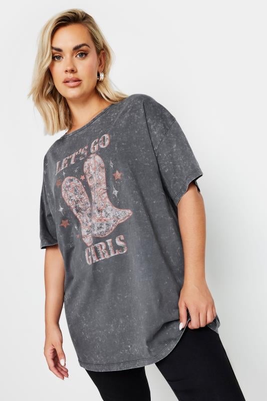  YOURS Curve Grey 'Let's Go Girls' Slogan Print T-Shirt