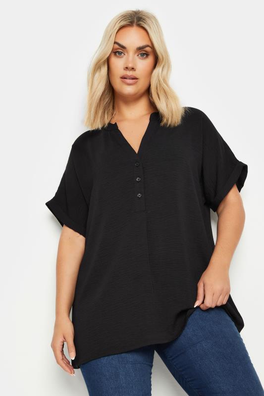 YOURS Plus Size Black Half Placket Short Sleeve Blouse | Yours Clothing 1