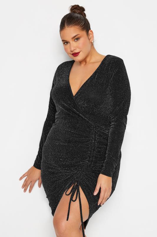 LTS Black Glitter Long Sleeve Ruched Mini Dress | Long Tall Sally 3
