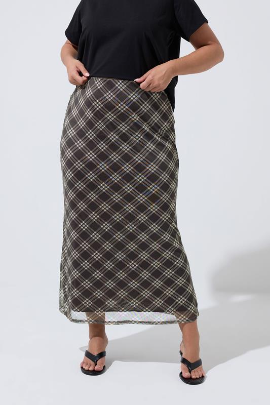 LIMITED COLLECTION Plus Size Brown Checked Mesh Skirt | Yours Clothing 2