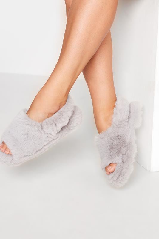 Plus Size  Grey Faux Fur Ankle Strap Mule Slippers In Extra Wide EEE Fit