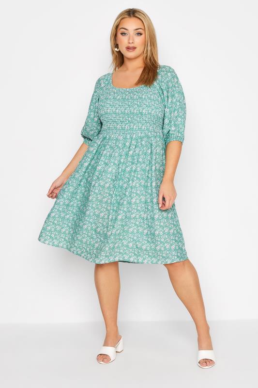 Plus Size Sage Green Ditsy Shirred Balloon Sleeve Midi Dress | Yours Clothing 2