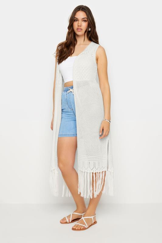 LTS Tall Women's White Crochet Longline Waistcoat | Long Tall Sally 2