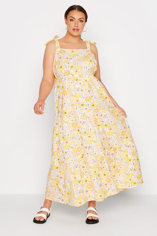 LIMITED COLLECTION Curve Yellow Retro Floral Tiered Strappy Sundress 1
