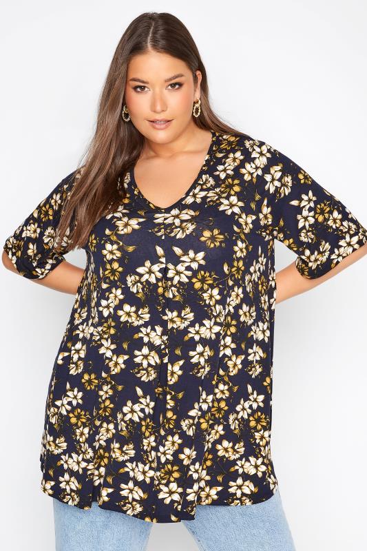 Plus Size Black Floral Print Tunic Top | Yours Clothing 1