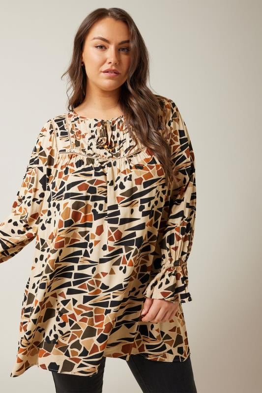 Plus Size  Evans Brown Abstract Print Longline Tunic Top
