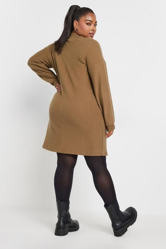 YOURS Plus Size Natural Brown Soft Touch Zip Neck Jumper Dress | Yours Clothing 3