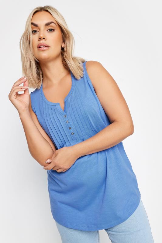 YOURS Plus Size Blue Pintuck Henley Vest Top | Yours Clothing 1