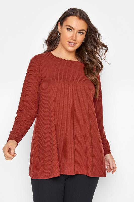 Plus Size  YOURS Curve Rust Orange Ribbed Swing Top