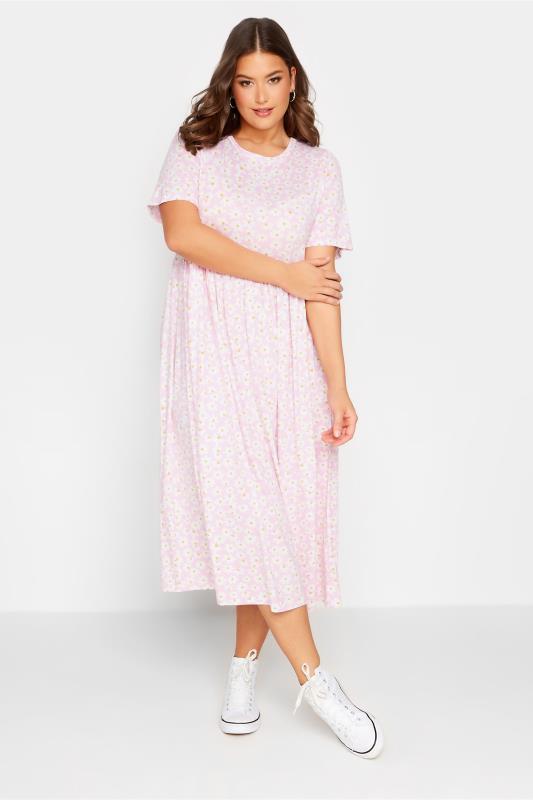 YOURS Curve Plus Size Light Pink Daisy Print Smock Dress 1