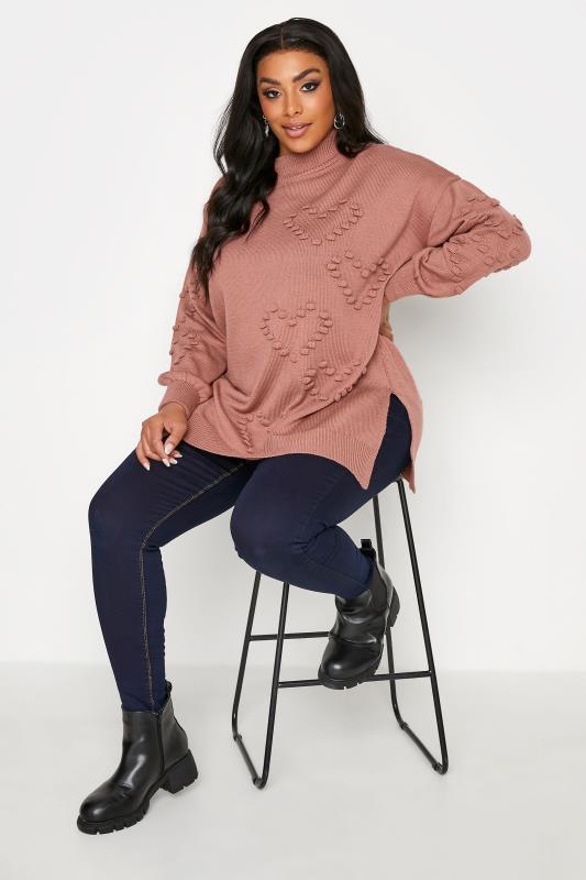 Plus Size Pink Bobble Heart Turtle Neck Knitted Jumper | Yours Clothing 2