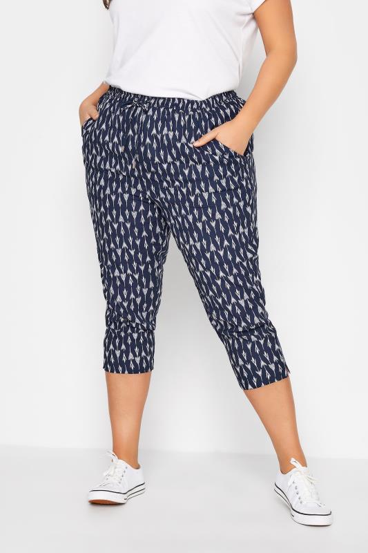 Plus Size Navy Blue Arrow Print Print Cropped Joggers | Yours Clothing  1
