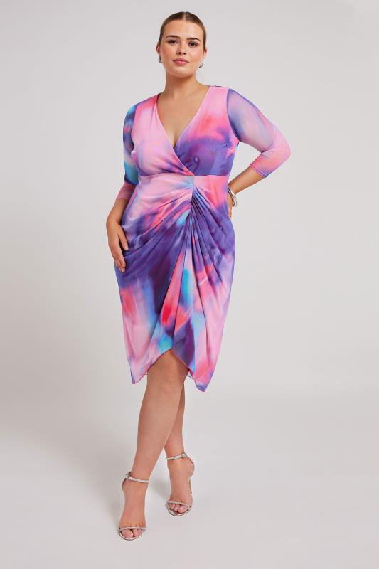 YOURS LONDON Curve Pink Abstract Print Mesh Gathered Midi Dress | Plus Size Clothing 1