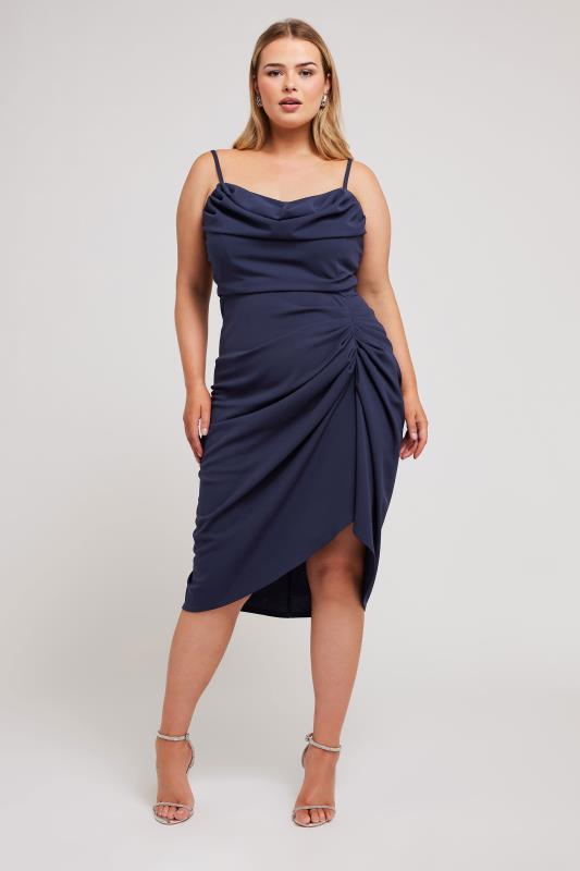 YOURS LONDON Plus Size Navy Blue Cowl Neck Gathered Dress | Yours Clothing  2