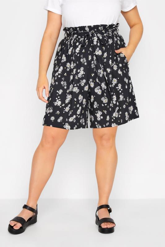 Plus Size Black Floral Print Paperbag Shorts | Yours Clothing 1