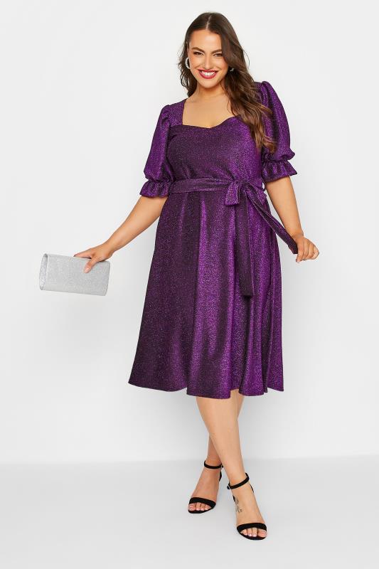 YOURS LONDON Plus Size Purple Glitter Puff Sleeve Midi Dress | Yours Clothing 1