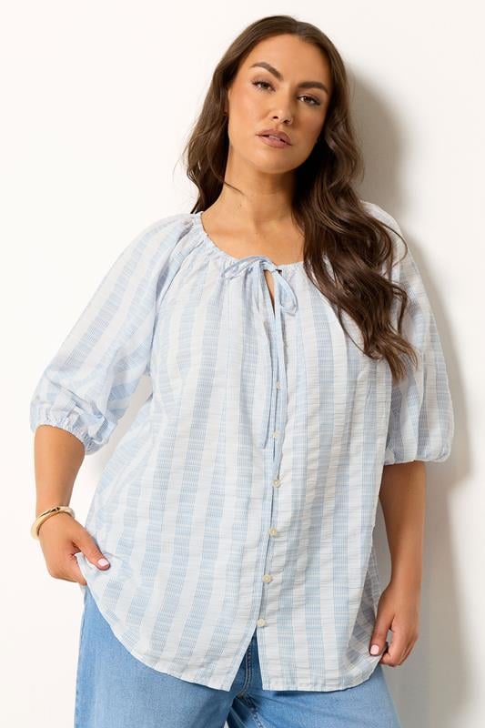 YOURS Plus Size Blue Stripe Tie Neck Top | Yours Clothing 1