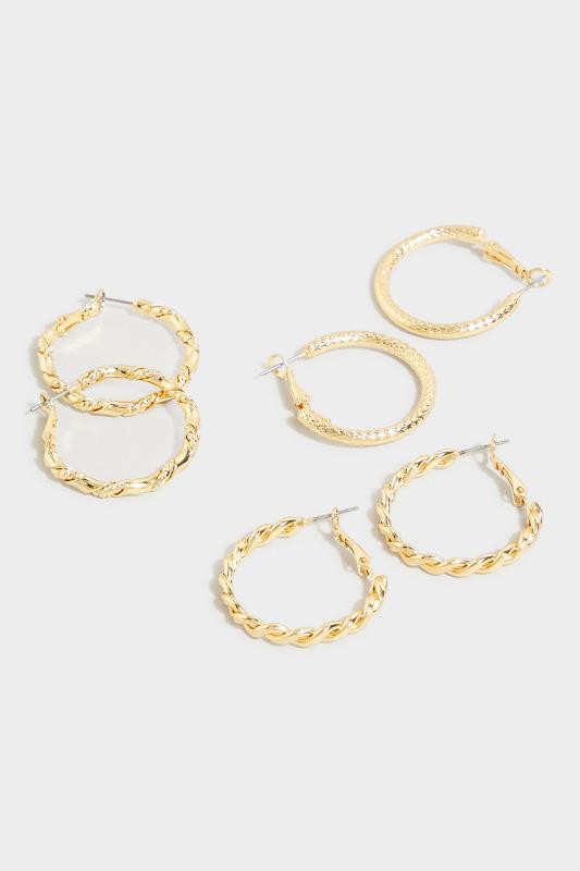 3 PACK Gold Twisted Hoop Earrings | Yours Clothing 5