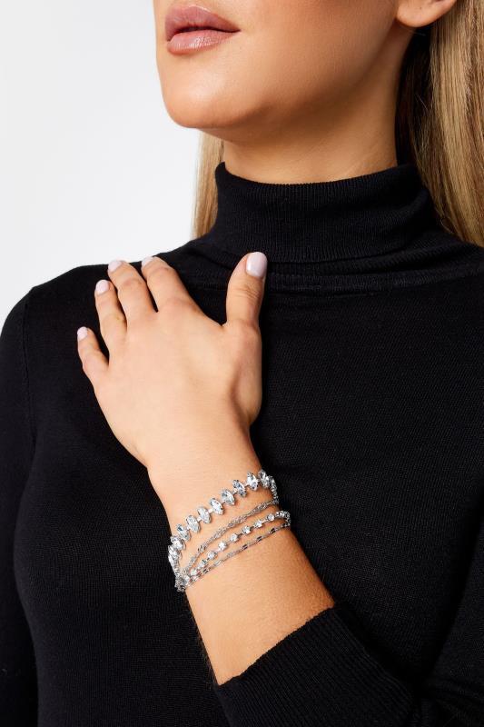 5 PACK Silver Diamante Chain Bracelets | Yours Clothing  1