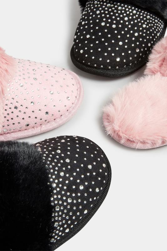 Pink Diamante Faux Fur Slippers In Wide E Fit | Yours Clothing 6