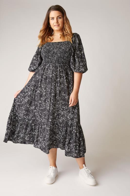 Plus Size  THE LIMITED EDIT Black Ditsy Print Shirred Maxi Dress