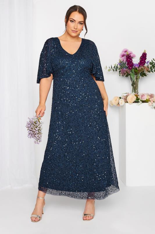 LUXE Plus Size Navy Blue Hand Embellished V-Neck Maxi Dress | Yours Clothing 1
