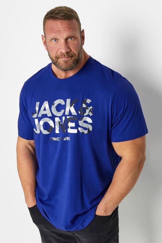 JACK & JONES Big & Tall Blue Camo Logo Crew Neck T-Shirt | BadRhino 1