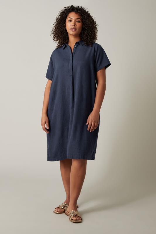 EVANS Plus Size Navy Blue Linen Midi Dress | Evans 4