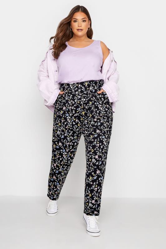 Plus Size Black Pastel Floral Jersey Joggers | Yours Clothing 2