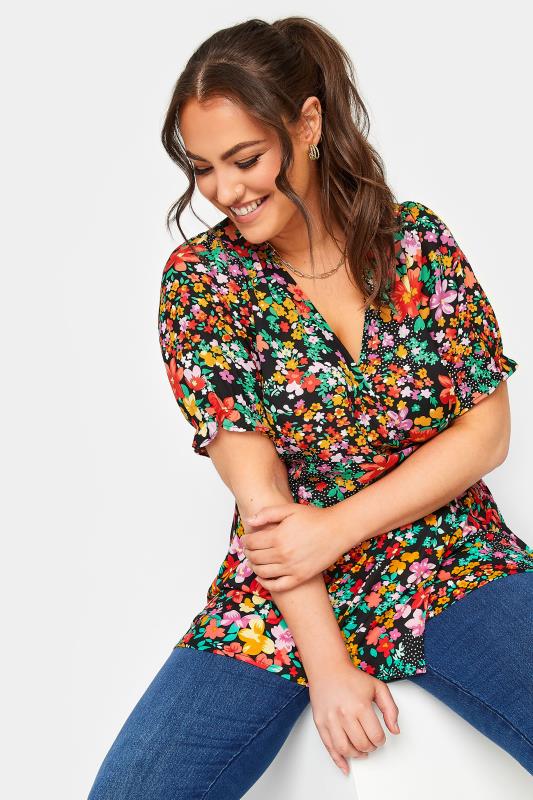 YOURS Plus Size Black Floral Patchwork Print Wrap Top | Yours Clothing 5