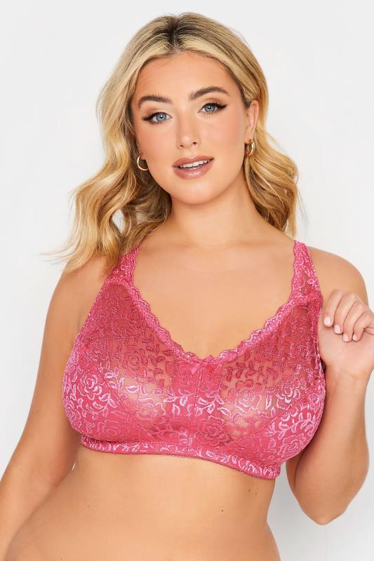 Plus Size  YOURS Curve Hot Pink Hi Shine Lace Non-Padded Non-Wired Full Cup Bra