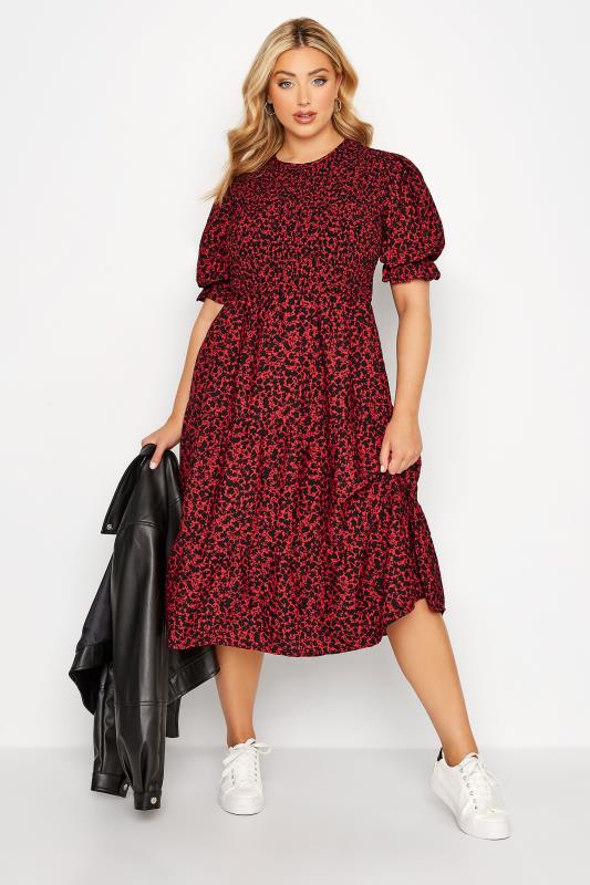  Grande Taille Curve Red Ditsy Print Puff Sleeve Smock Dress