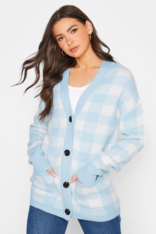 LTS Tall Blue Gingham Button Knitted Cardigan 1