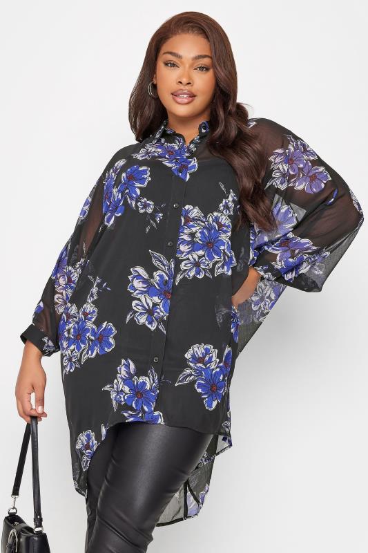 YOURS Curve Black & Cobalt Blue Animal Print Dipped Hem Longline Shirt | Yours Clothing 1