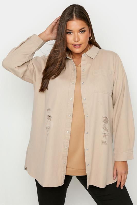 Plus Size Beige Brown Distressed Denim Shirt | Yours Clothing 1