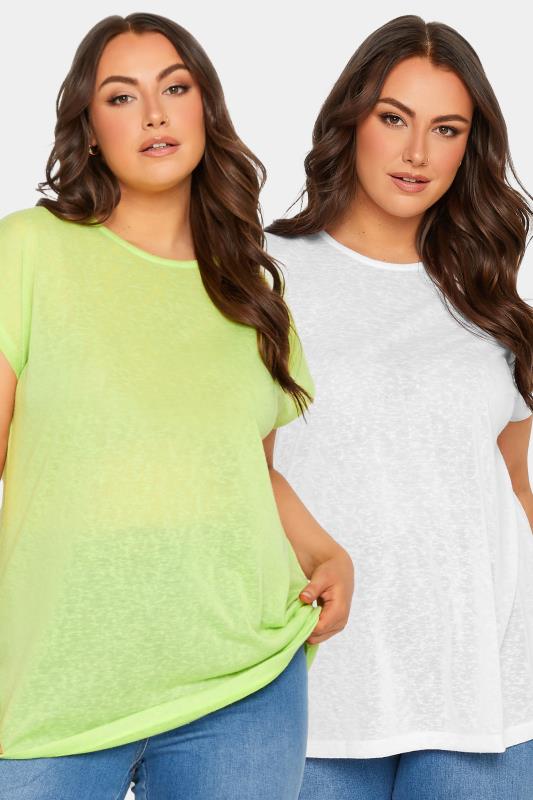 YOURS Curve Plus Size 2 PACK Lime Green Linen Look T-Shirt | Yours Clothing  1