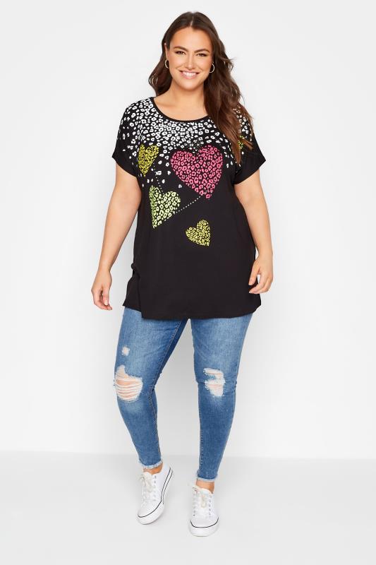 Plus Size Black Leopard Heart Printed T-shirt | Yours Clothing 2