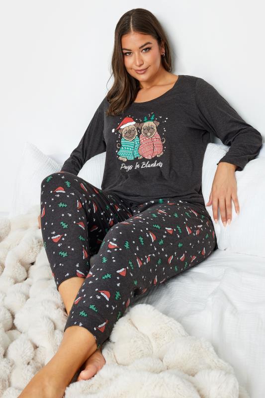 YOURS Curve Charcoal Grey ‘Pugs In Blankets’ Christmas Pyjama Set | Yours Clothing 2