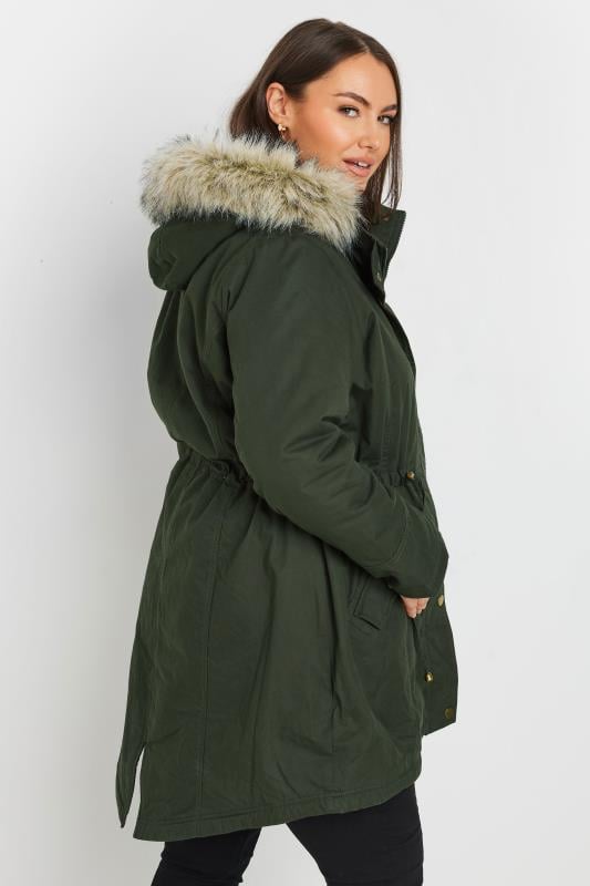 BUMP IT UP MATERNITY Khaki Green Fur Trim Parka | Yours Clothing 4