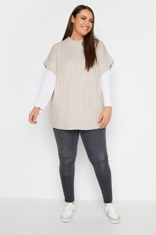 YOURS Plus Size Cream High Neck Ribbed Knit Vest Top | Yours Clothing 2