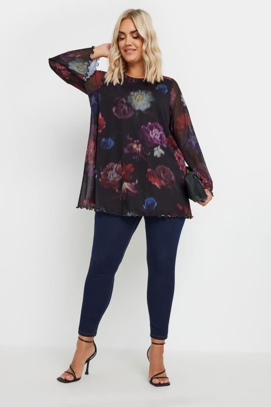 YOURS Plus Size Black Abstract Floral Mesh Top | Yours Clothing 2