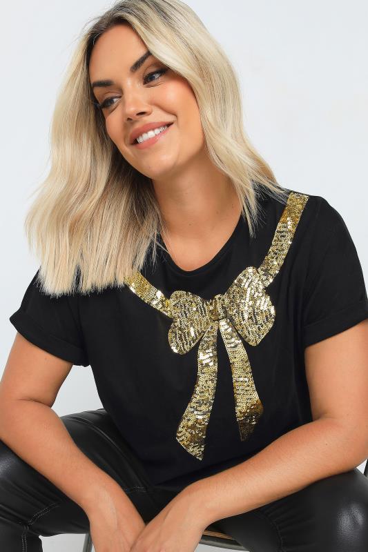 YOURS Plus Size Black Sequin Bow T-Shirt | Yours Clothing 5