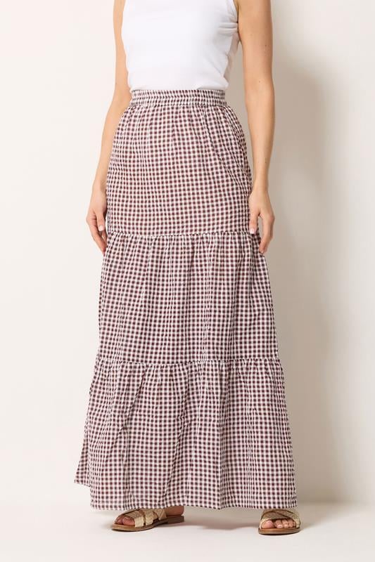 LTS Tall Women's Burgundy Red & White Gingham Cotton Maxi Skirt | Long Tall Sally 1