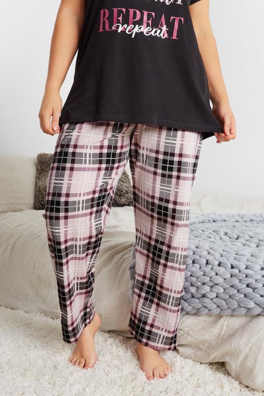 Plus Size Pink Check Wide Leg Pyjama Bottoms | Yours Clothing 2