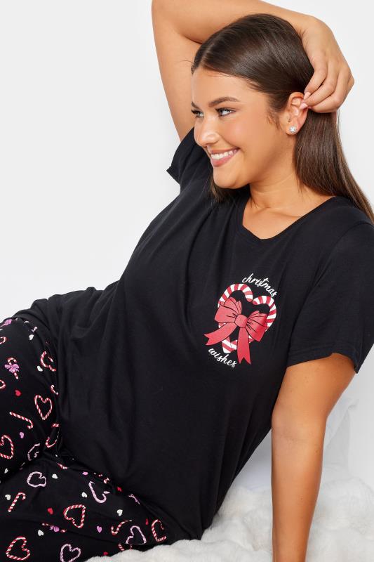 YOURS Plus Size Black 'Christmas Wishes' Candy Cane Pyjama Set | Yours Clothing 5